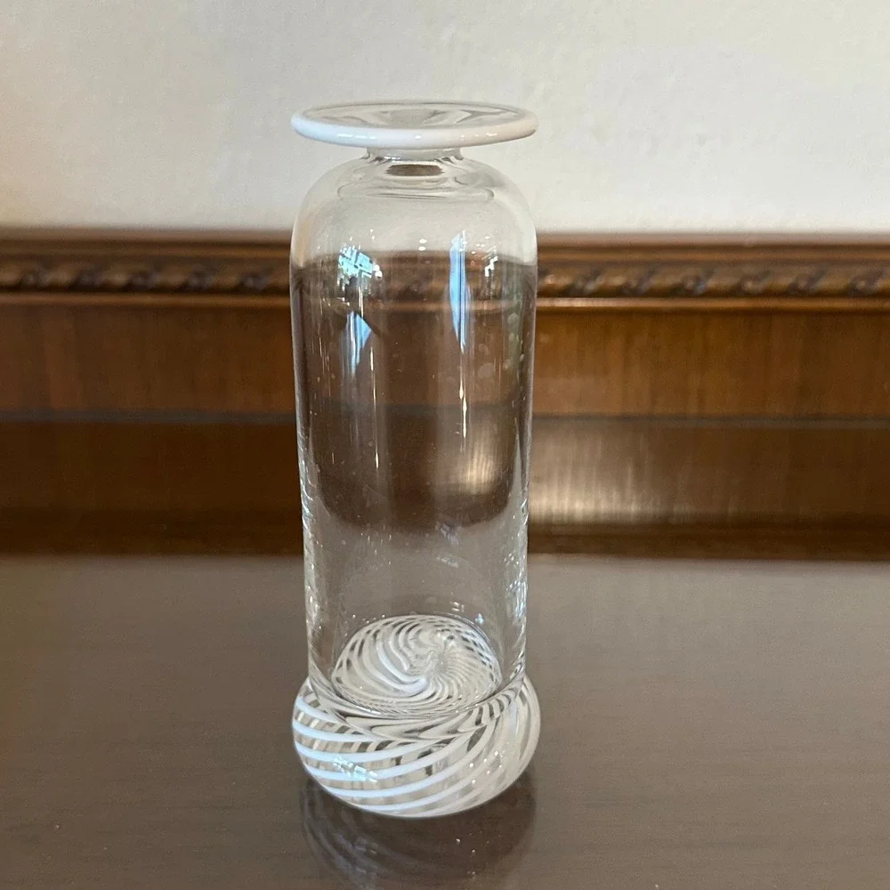Hand Blown Glass Bud Vase Clear Latticino Swirl Base White Trim 5 Inch